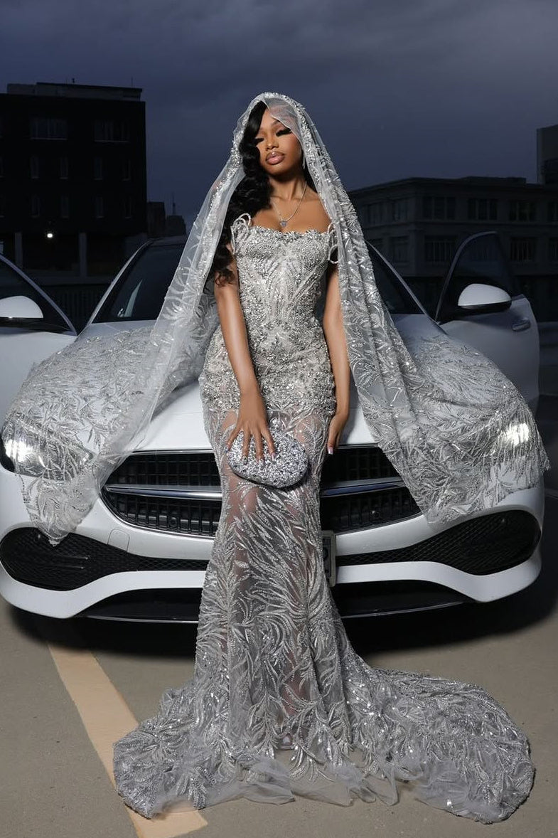 Silver Sparkle Beaded Mermaid Court Train Sweetheart Sleeveless Prom Dresses