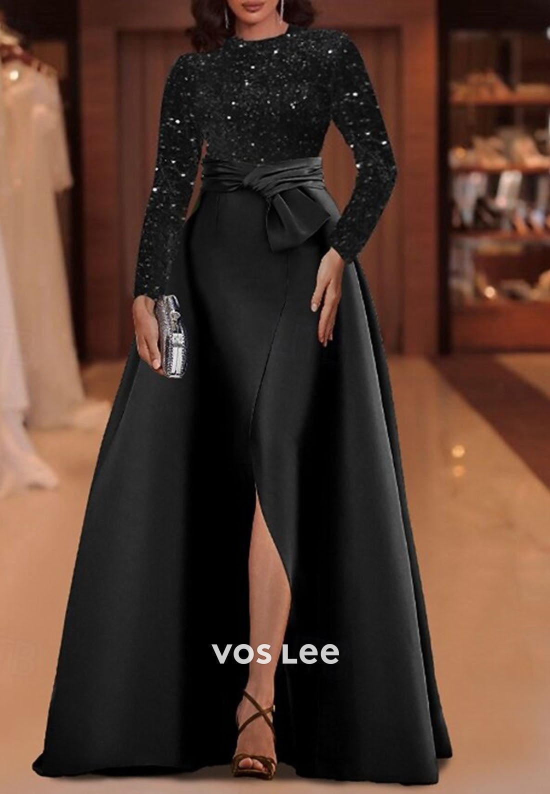 High-Neck Sequined Long-Sleeves A Line Evening Dress Formal Gowns