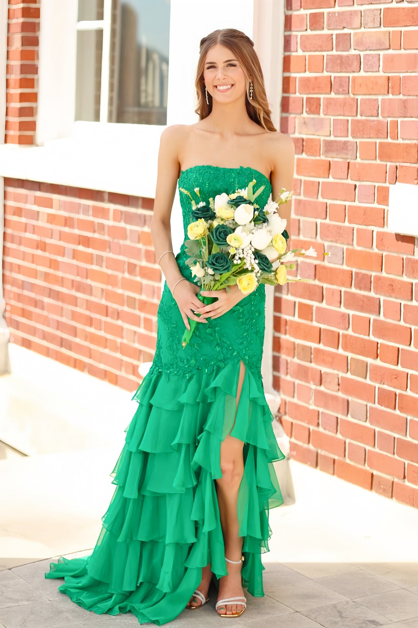 Strapless Teal Lace Appliques Fitted Ruffle Prom Dress