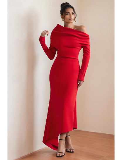 Elegant Red Off Shoulder Dress - Long Sleeve Fitted Party Dress Length