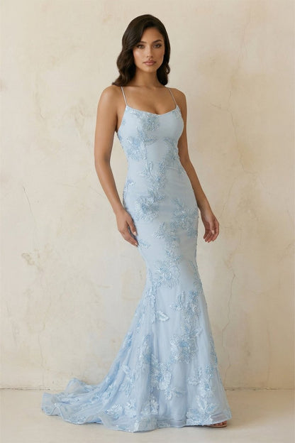 Sky Blue Spaghetti Straps Mermaid Tulle Long Prom Dresses With Appliques