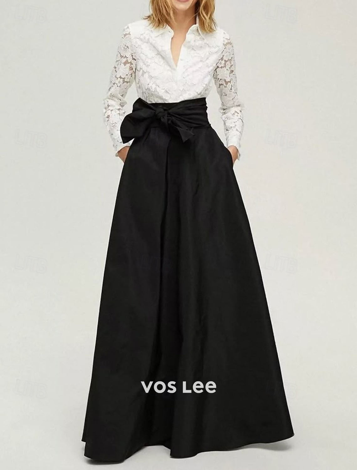 White Lace Blouse & Navy Maxi Skirt Set | High Waist Bow Detail Formal Skirt with Pockets