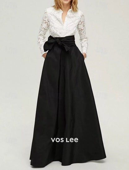 White Lace Blouse & Navy Maxi Skirt Set | High Waist Bow Detail Formal Skirt with Pockets