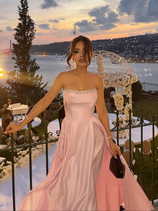 Blush Pink Strapless Ball Gown | Satin Prom Dress with Crystal Neckline