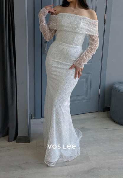 White Off the Shoulder Beading Long Sleeve Mermaid Long Prom Gowns