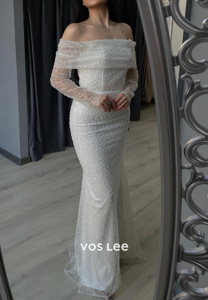 White Off the Shoulder Beading Long Sleeve Mermaid Long Prom Gowns