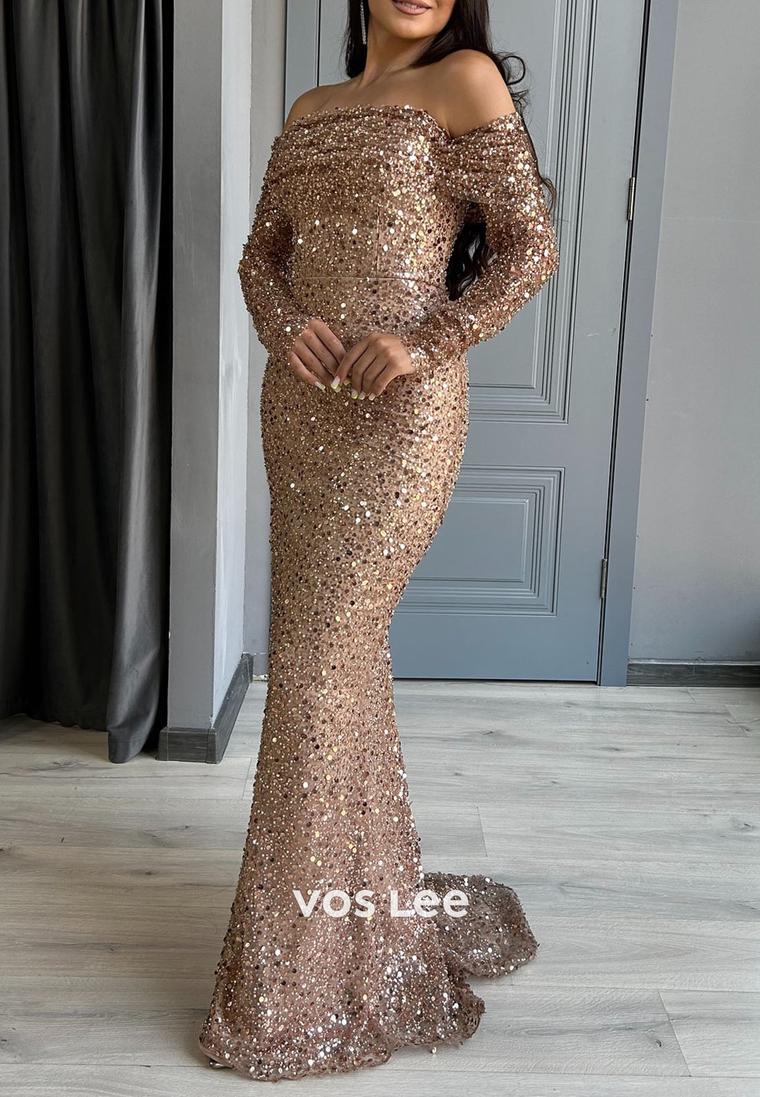 Champagne Off the Shoulder Sequins Long Sleeve Mermaid Prom Gowns