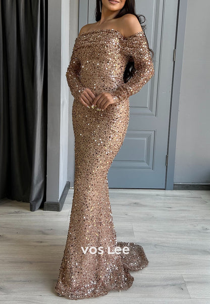 Champagne Off the Shoulder Sequins Long Sleeve Mermaid Prom Gowns