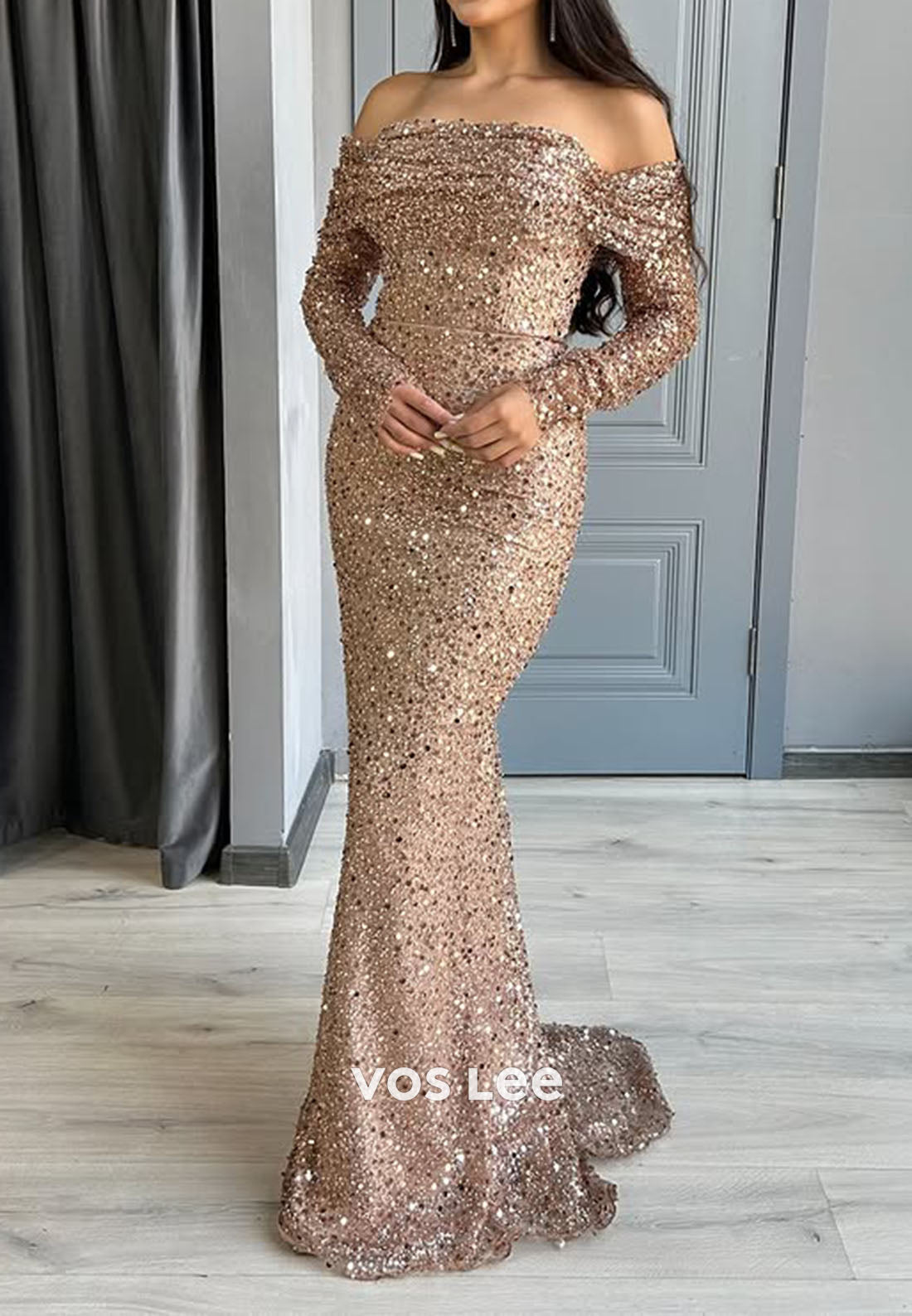 Champagne Off the Shoulder Sequins Long Sleeve Mermaid Prom Gowns