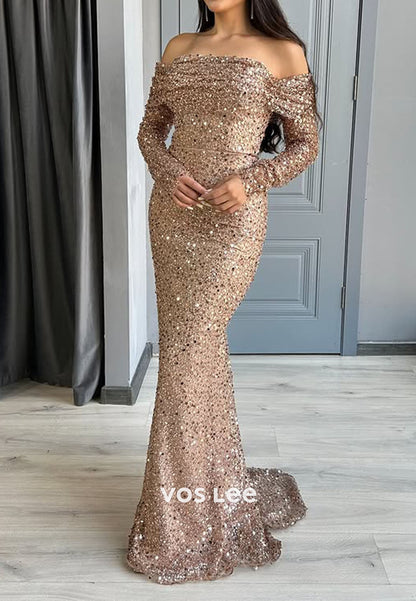 Champagne Off the Shoulder Sequins Long Sleeve Mermaid Prom Gowns