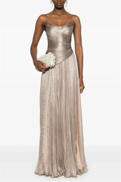 Sparkling Silver Strapless Sleeveless A-Line Prom Dress Lace-Up Back With Pleats