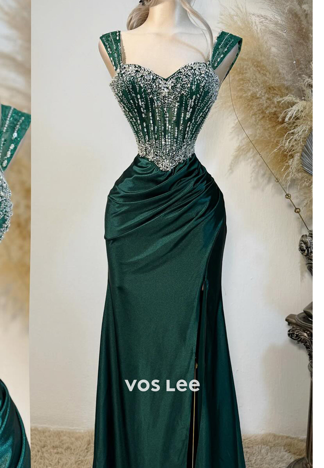 Sweetheart Ruched Rhinestone Mermaid Long Prom Dresses with Side Split
