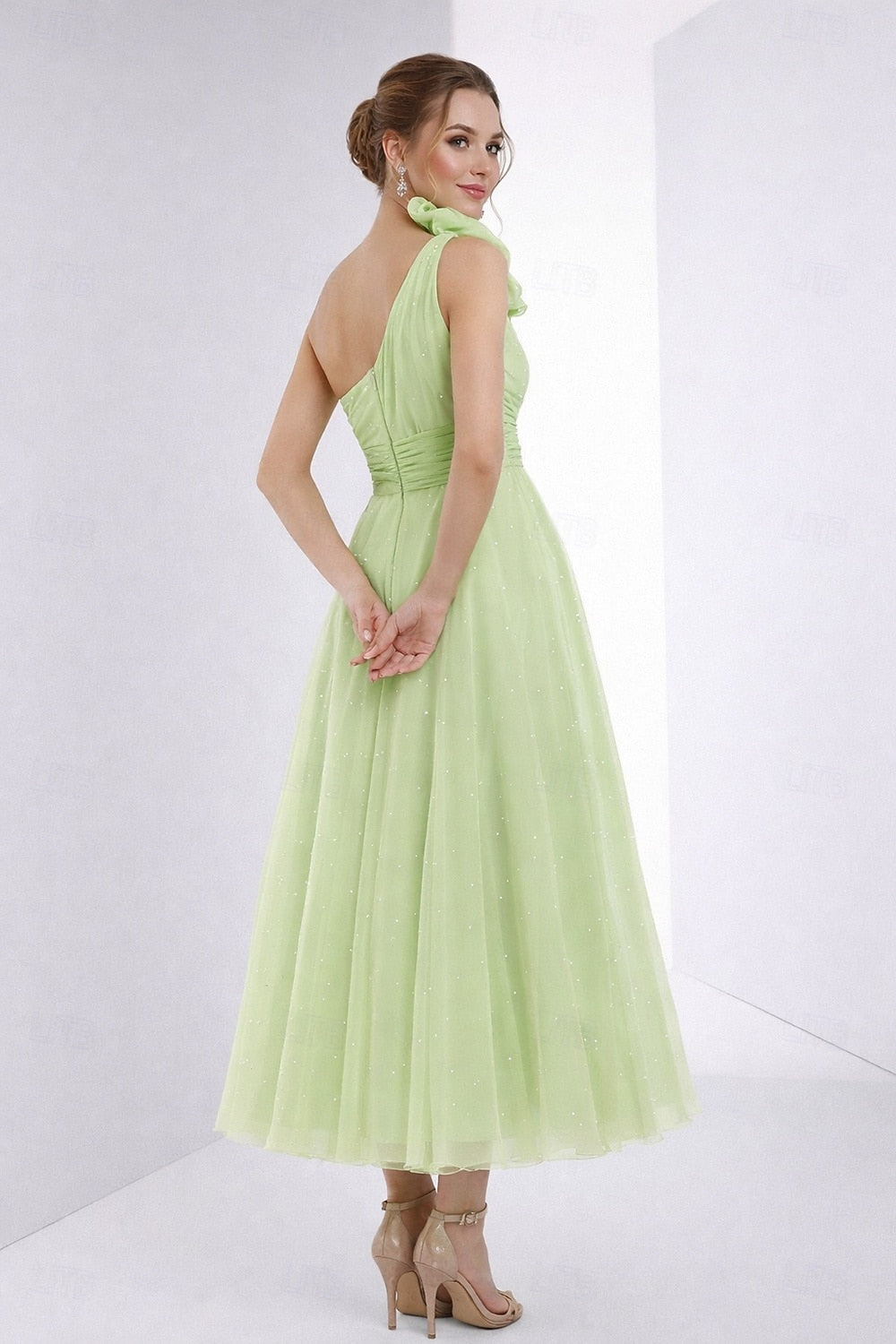 One Shoulder Tea Length Dress - A-Line Tulle Cocktail Dress with Flower