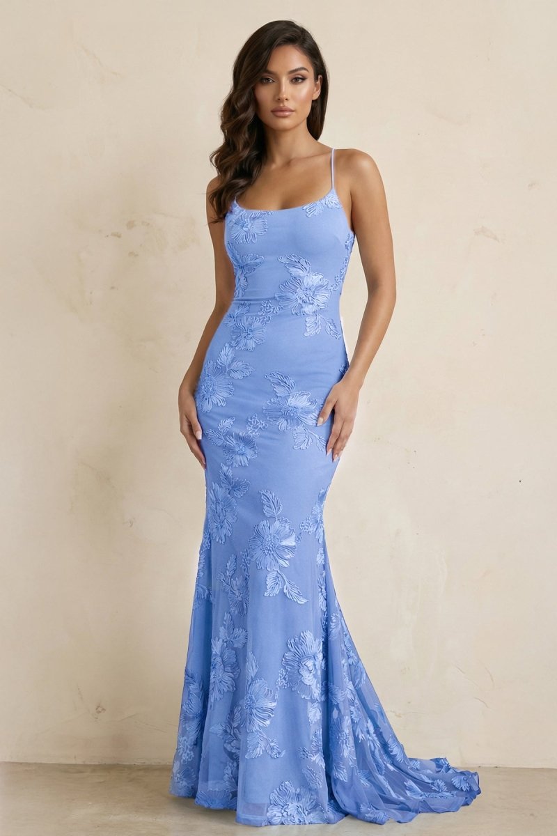 Sky Blue Spaghetti Straps Mermaid Tulle Long Prom Dresses With Appliques