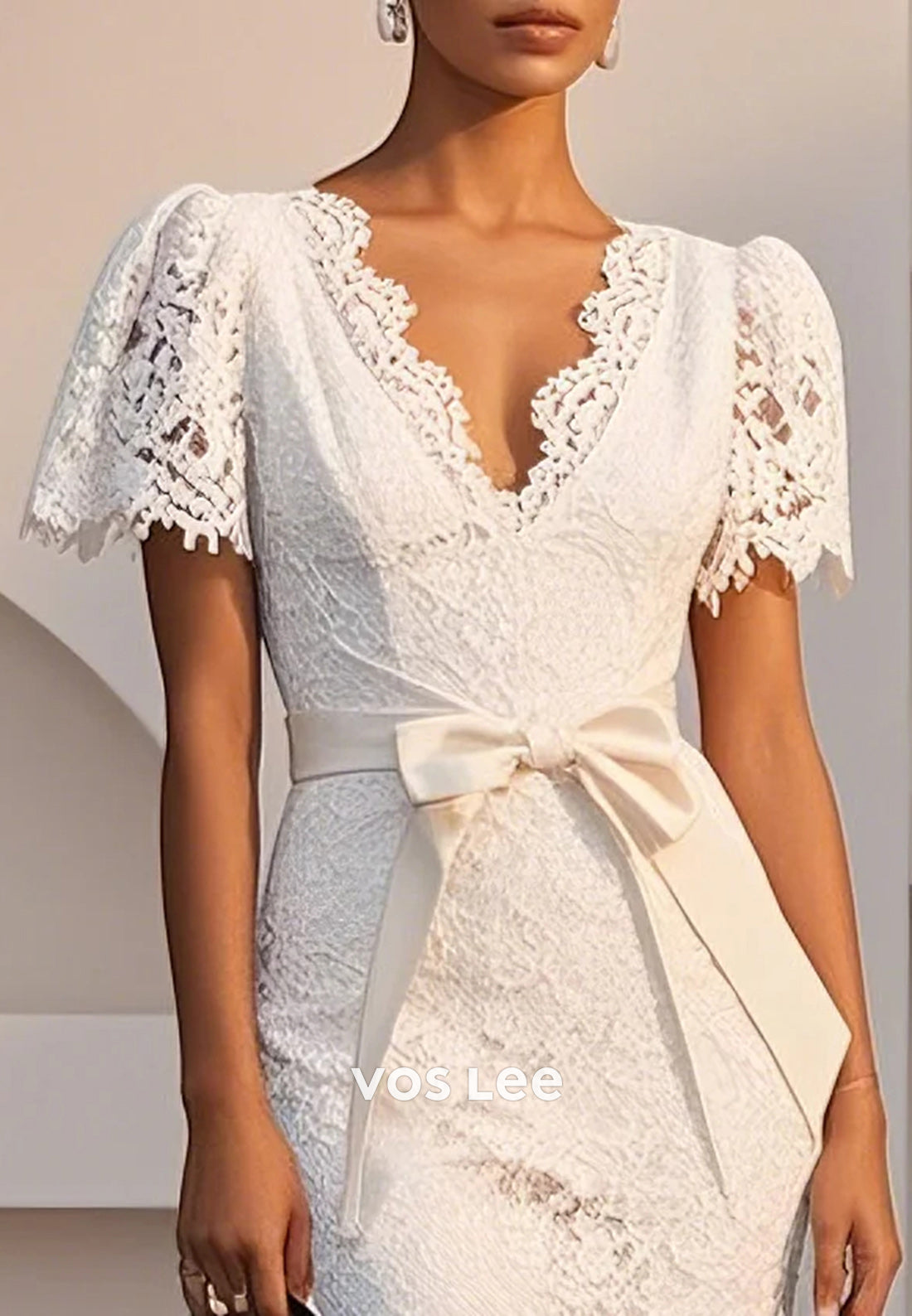 Short Sleeve White Bowknot Fully Lace V Neck Tea-Length Sheath Midi Party Dresses