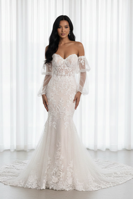 Sweetheart Neckline Bridal Gown with Removable Puff Sleeves | Slim Fit for a Flawless Bridal Look