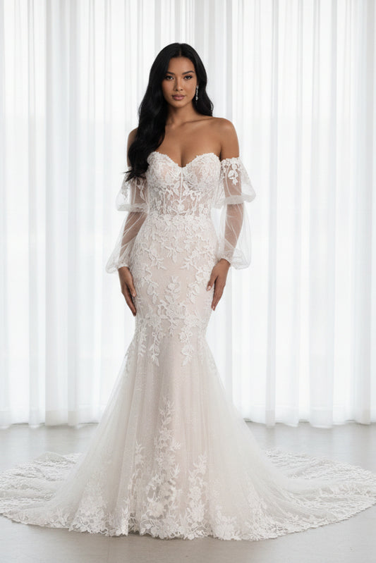 Sweetheart Neckline Bridal Gown with Removable Puff Sleeves | Slim Fit for a Flawless Bridal Look