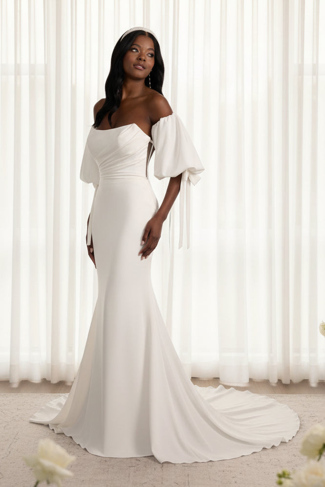 Vintage Elegant Satin Mermaid Gown | Removable Puff Sleeves & Slim Train