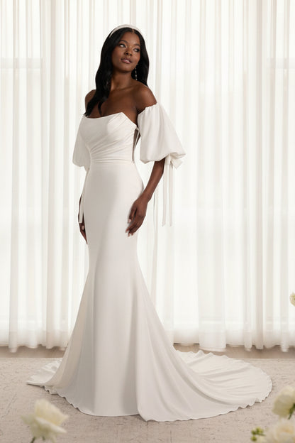 Vintage Elegant Satin Mermaid Gown | Removable Puff Sleeves & Slim Train