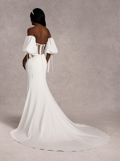 Vintage Elegant Satin Mermaid Gown | Removable Puff Sleeves & Slim Train