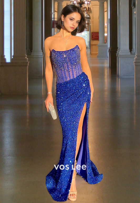 Sparkly Royal Blue Strapless Mermaid Prom Dress Corset Back Sequins Formal Evening Prom Dresses