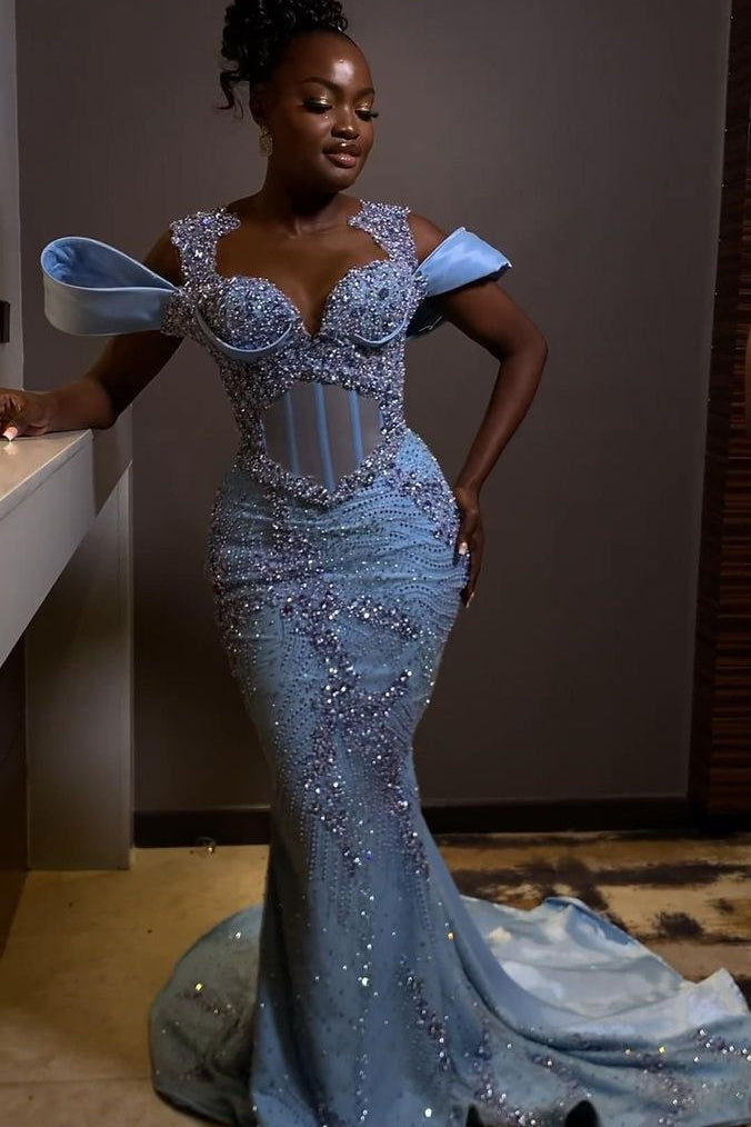 Stunning Off the shoulder Blue Mermaid Beaded Floor length Prom Dresses