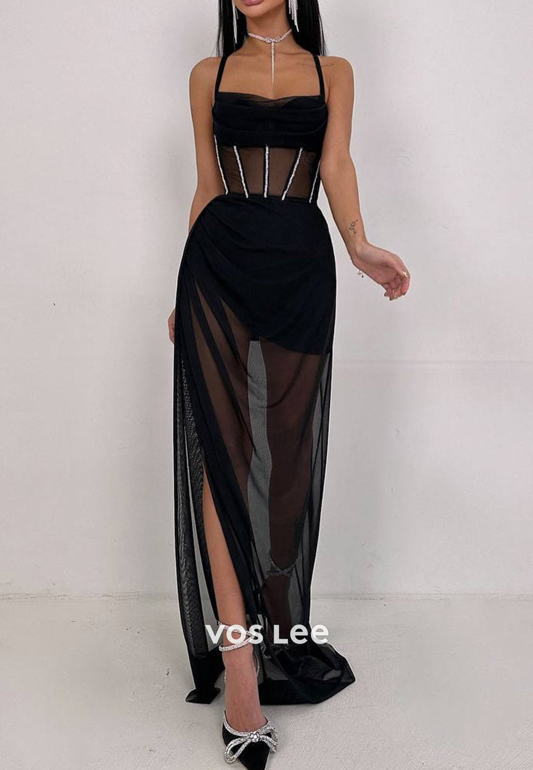 Sexy & Hot Illusion Spaghetti Straps Sheath Pleated Evening Dresses with Side Split