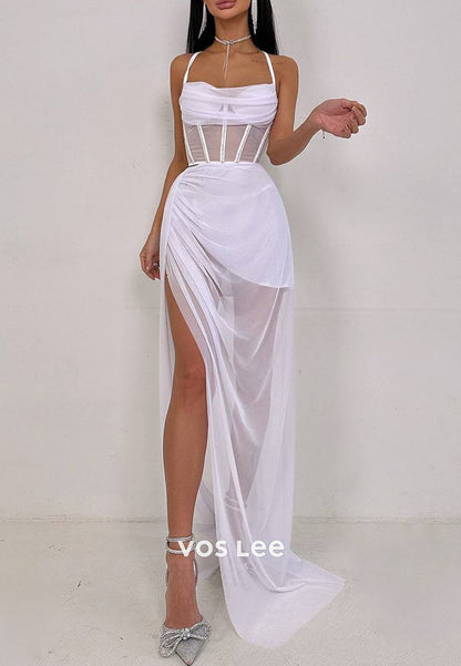 Sexy & Hot Illusion Spaghetti Straps Sheath Pleated Evening Dresses with Side Split