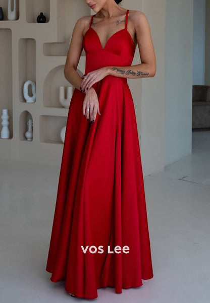 A-Line Spaghetti Straps V Neck Floor-Length Pleated Evening Dresses with High Split