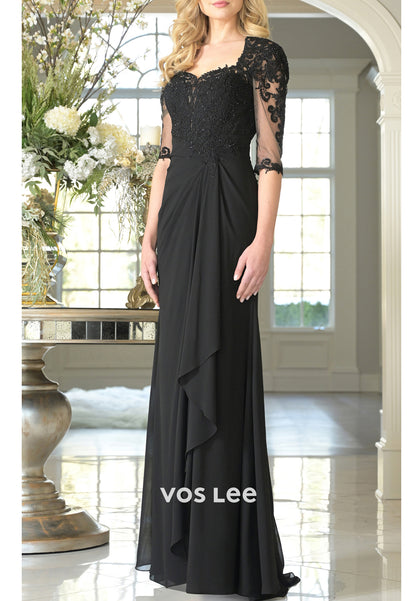 Half Sleeve Sweetheart Appliques Lace Pleated Sheath Mother of Bride Dresses