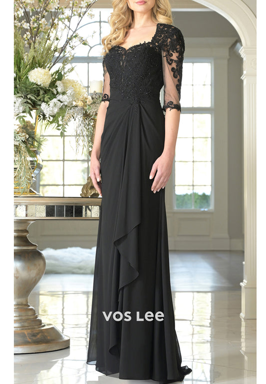 Half Sleeve Sweetheart Appliques Lace Pleated Sheath Mother of Bride Dresses