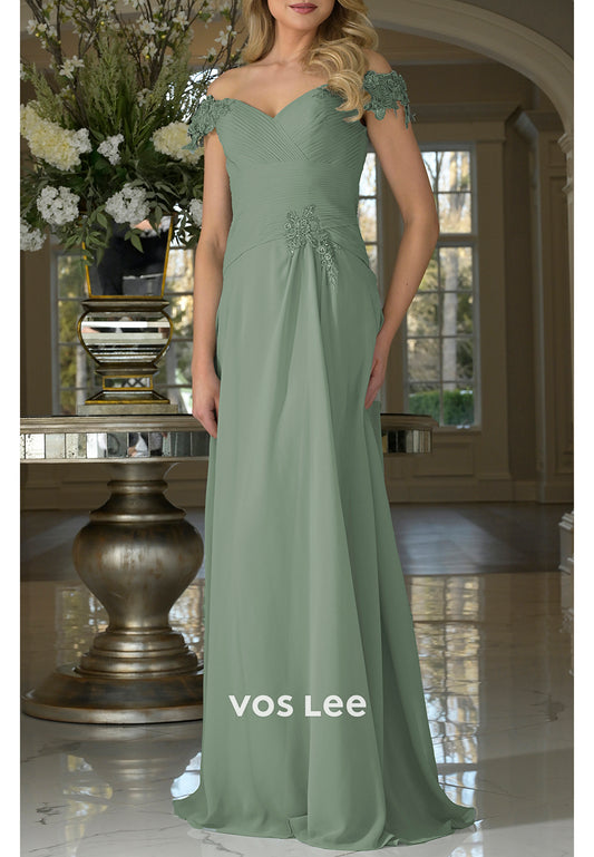 A-Line Off the Shoulder Appliques Embellished Pleated Mother of Bride Dresses