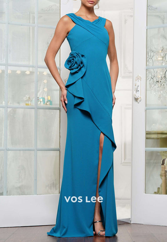 Simple Cross-Neck Floral Embossed Sheath Mother of Bride Dresses with High Split