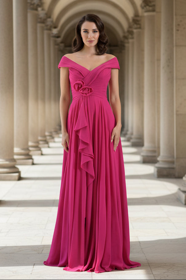 Fuchsia Floral Applique Formal Dress | Ruched Floor-Length Gown for Wedding Guests