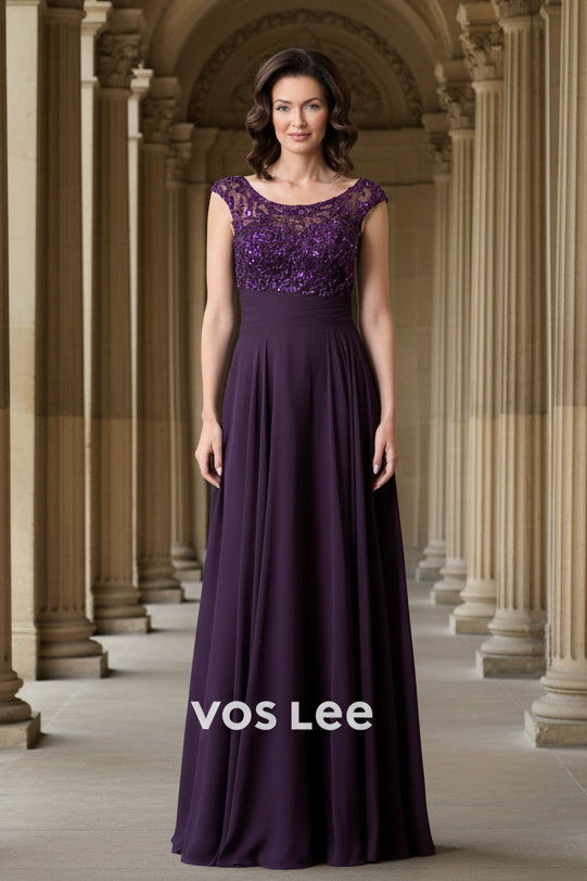 Sequin Bodice Plum Formal Dress | Ruched Floor-Length Gown for Wedding Guests