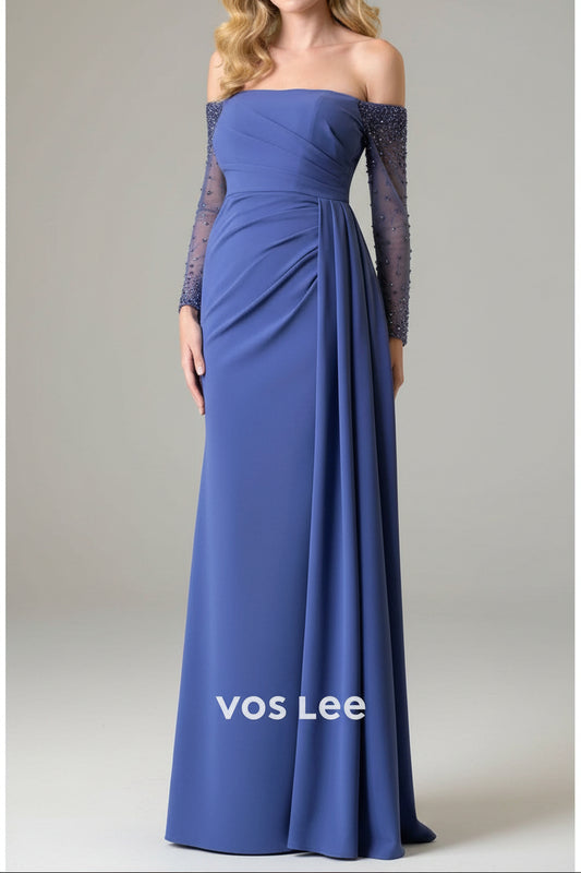 Off-the-Shoulder Dusty Blue Formal Dress | Ruched Floor-Length Gown for Wedding Guests