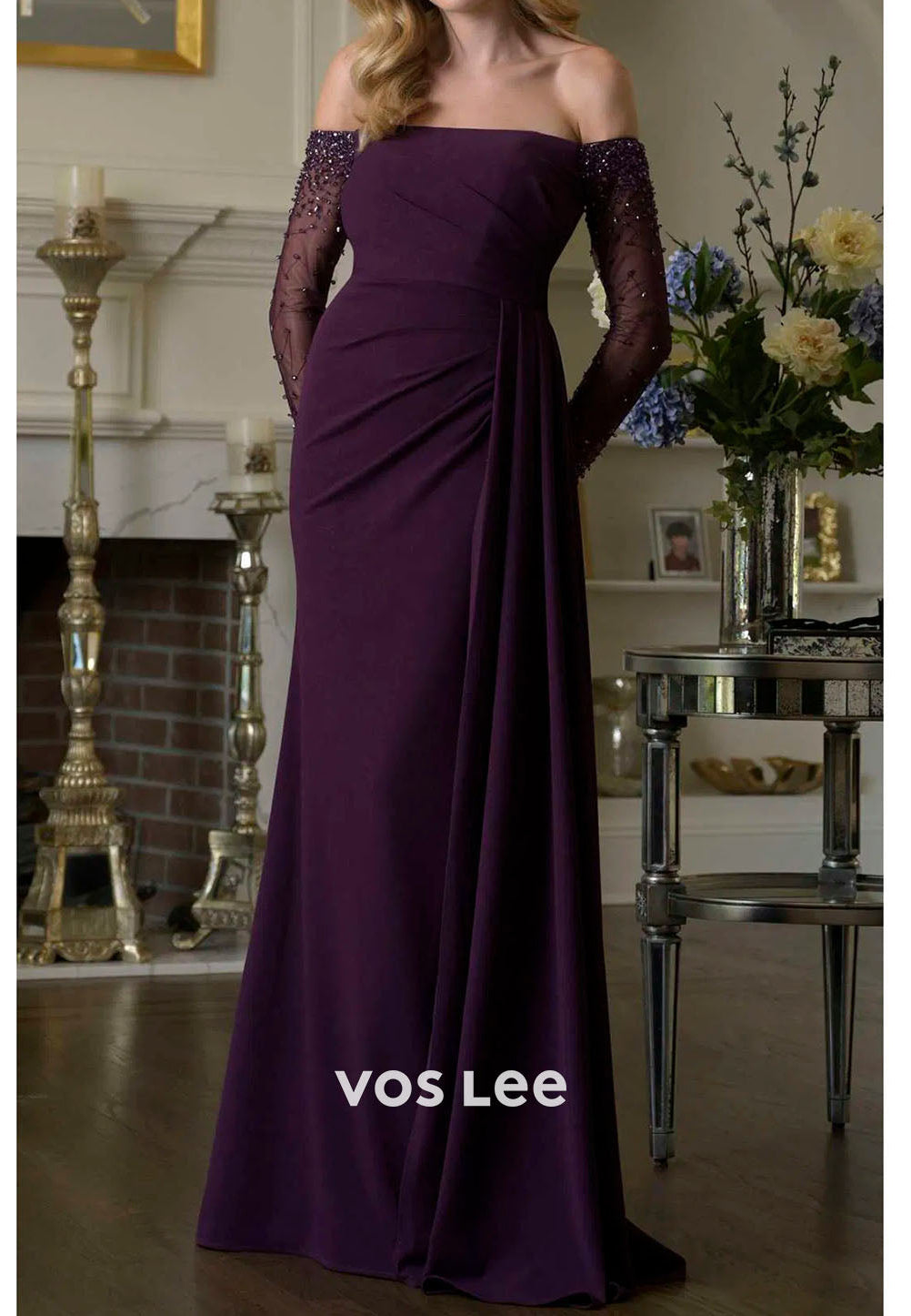 Off-the-Shoulder Dusty Blue Formal Dress | Ruched Floor-Length Gown for Wedding Guests