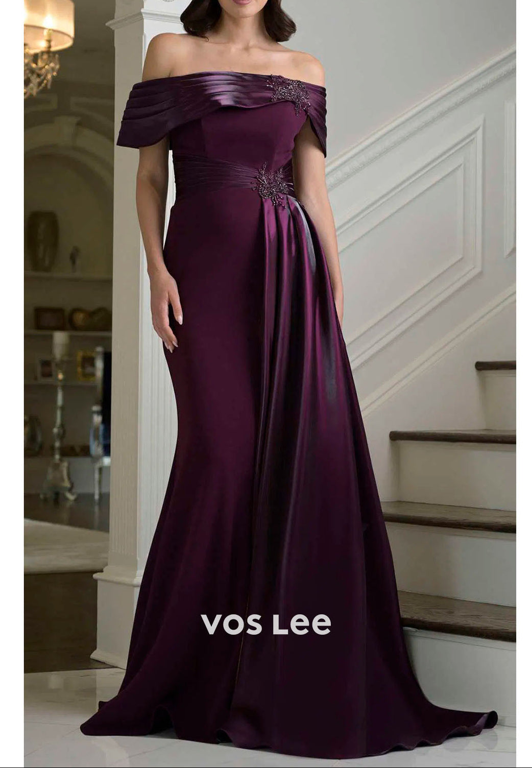 Champagne Gold Mother of the Bride Dress | Off-the-Shoulder Satin Gown