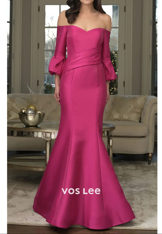 Fuchsia Mother of the Bride Dress | Off-the-Shoulder Satin Mermaid Gown