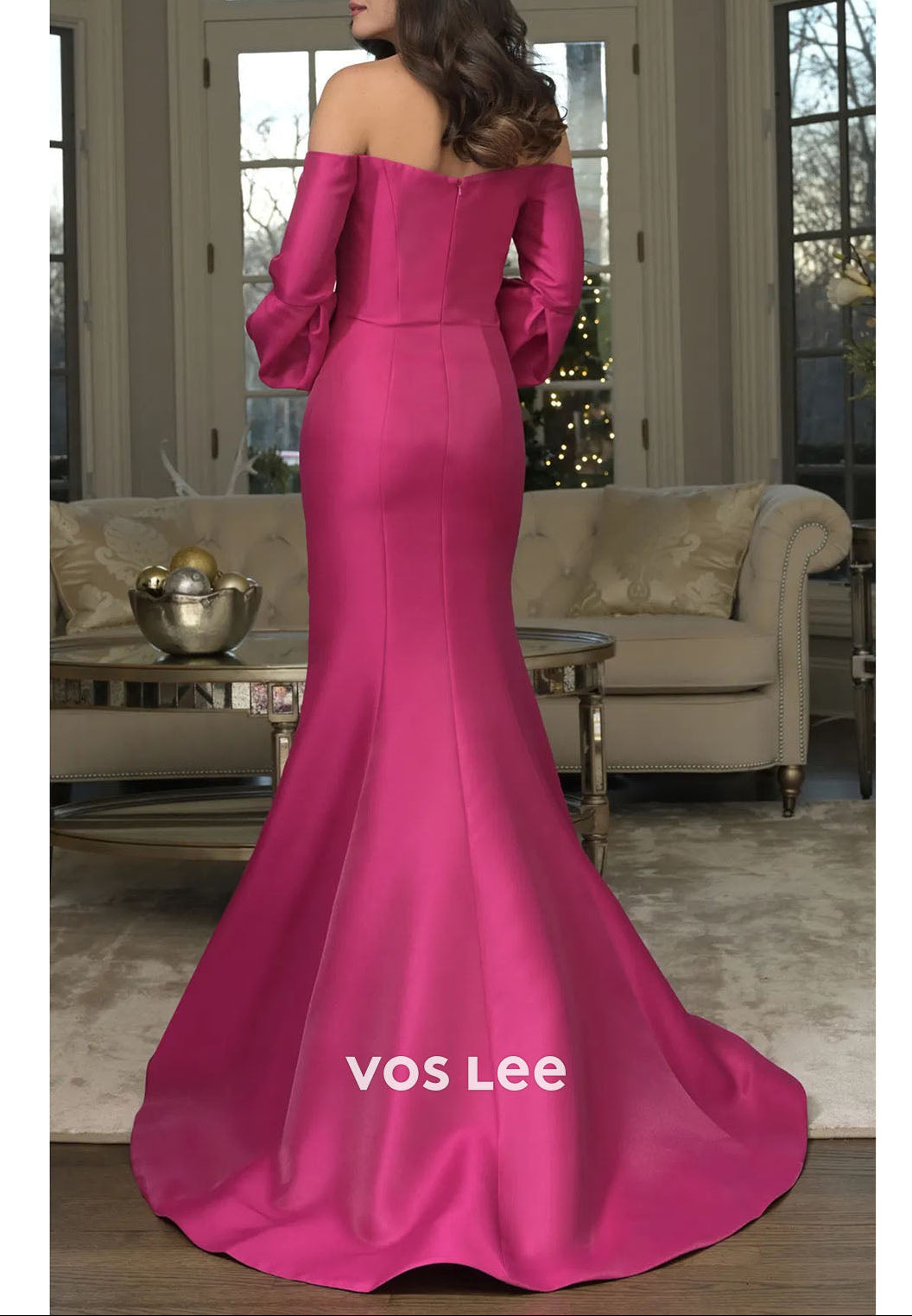 Fuchsia Mother of the Bride Dress | Off-the-Shoulder Satin Mermaid Gown