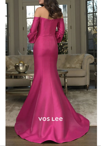Fuchsia Mother of the Bride Dress | Off-the-Shoulder Satin Mermaid Gown