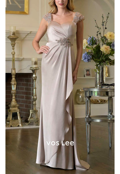 Taupe Formal Dress | Ruched Floor-Length Gown with Beaded Waist for Wedding Guests