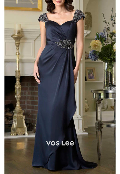 Taupe Formal Dress | Ruched Floor-Length Gown with Beaded Waist for Wedding Guests