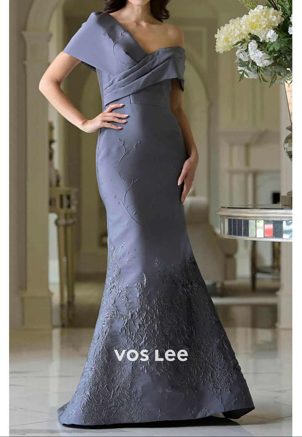Elegant Ruched Neckline Floor-Length Dress with Floral Embroidery