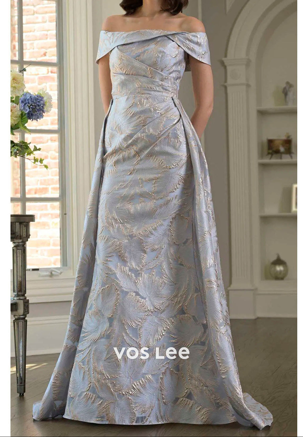 Off-the-Shoulder Blush Formal Dress | Jacquard Floor-Length Gown for Wedding Guests