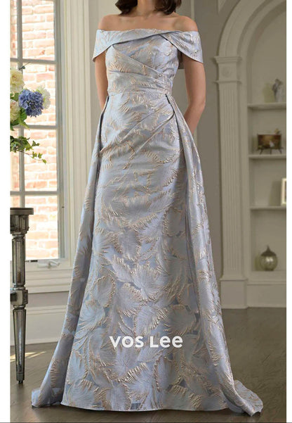 Off-the-Shoulder Blush Formal Dress | Jacquard Floor-Length Gown for Wedding Guests