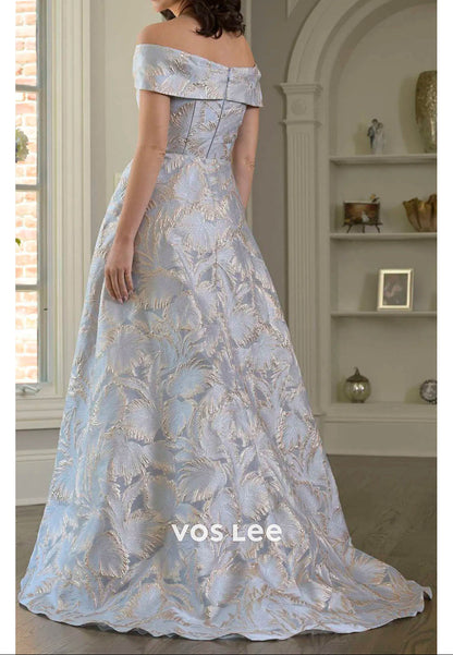 Off-the-Shoulder Blush Formal Dress | Jacquard Floor-Length Gown for Wedding Guests