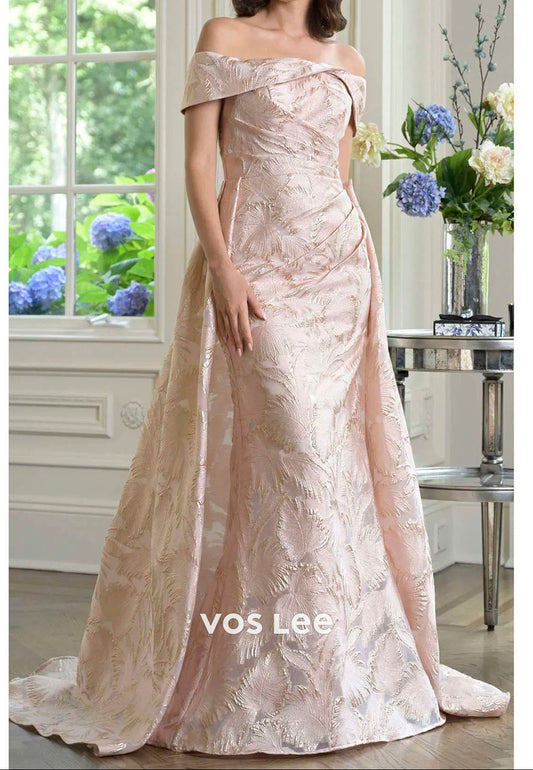 Off-the-Shoulder Blush Formal Dress | Jacquard Floor-Length Gown for Wedding Guests