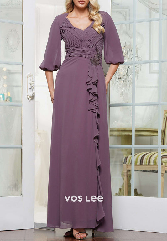 Half Sleeve V Neck Beaded Embellished Ankle-Length Pleated Mother of Bride Dresses