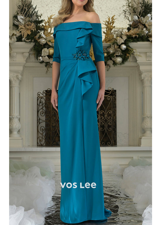 Half Sleeve Off the Shoulder Beading Flowers Floor-Length Sheath Mother of Bride Dresses